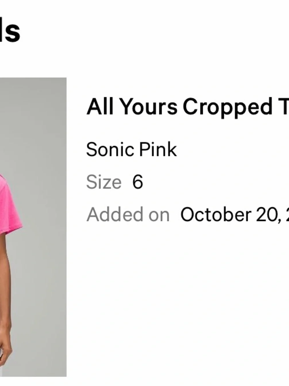 NWT lululemon athletica All Yours Cropped Crewneck Tee - Sonic Pink